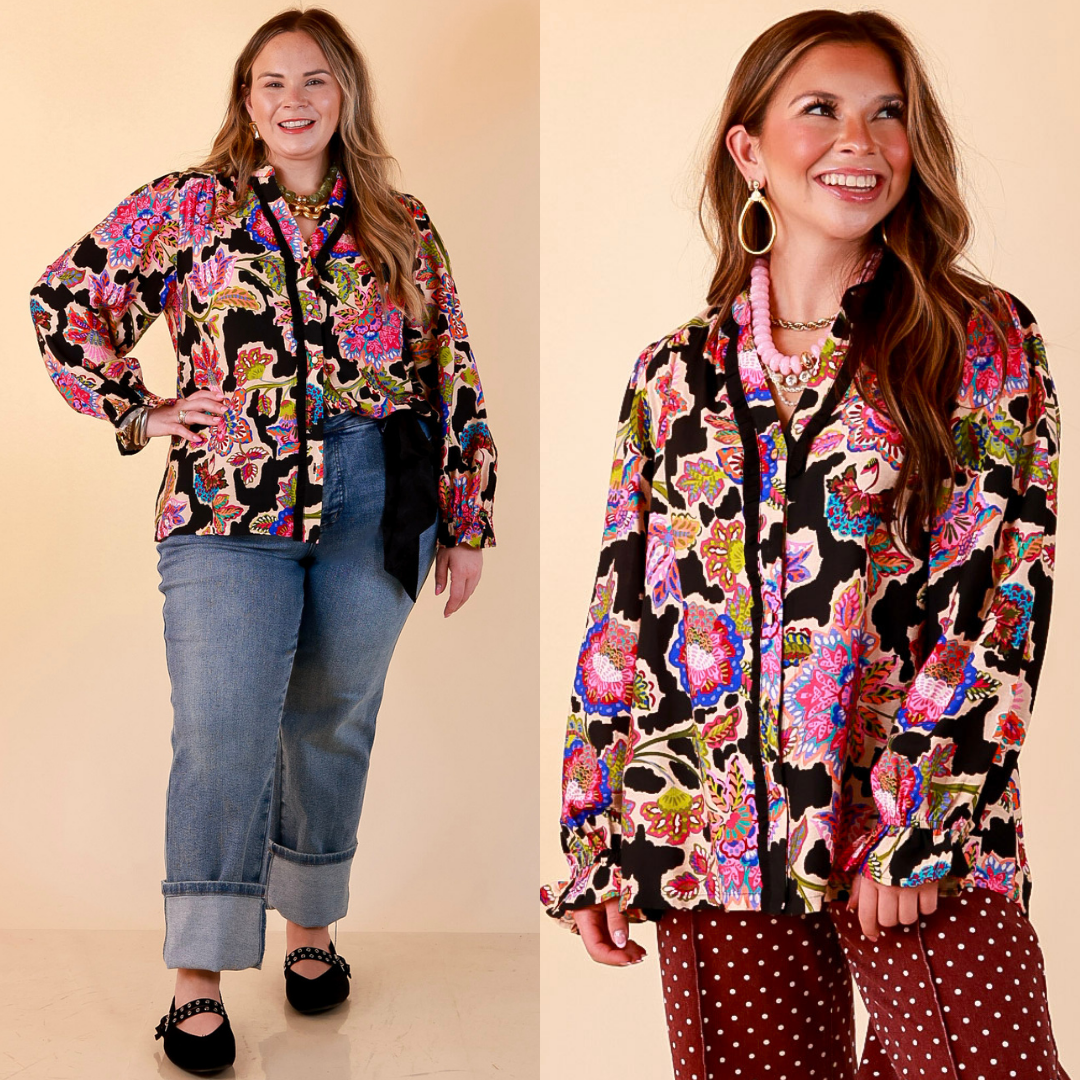 Petal Pop Floral Print Ruffle Front Button Up Long Sleeve Top with Balloon Sleeves in Black
