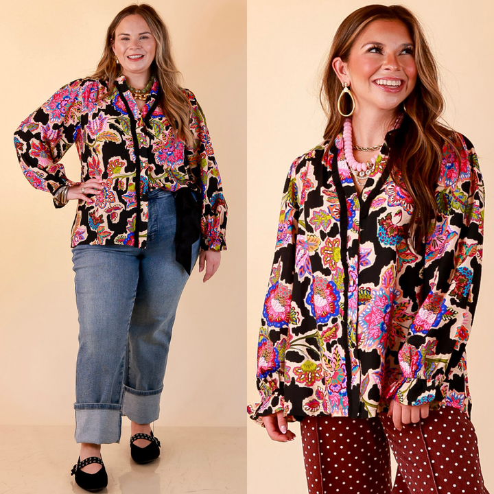 Petal Pop Floral Print Ruffle Front Button Up Long Sleeve Top with Balloon Sleeves in Black