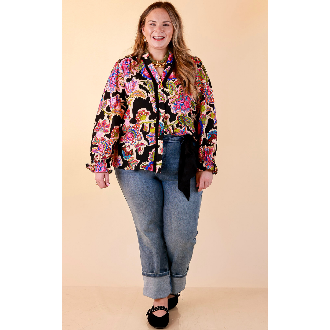 Petal Pop Floral Print Ruffle Front Button Up Long Sleeve Top with Balloon Sleeves in Black