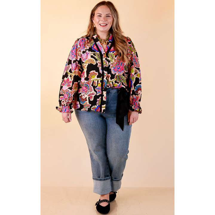 Petal Pop Floral Print Ruffle Front Button Up Long Sleeve Top with Balloon Sleeves in Black