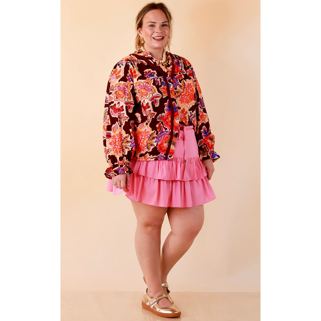 Petal Pop Floral Print Ruffle Front Button Up Long Sleeve Top with Balloon Sleeves in Coco Brown