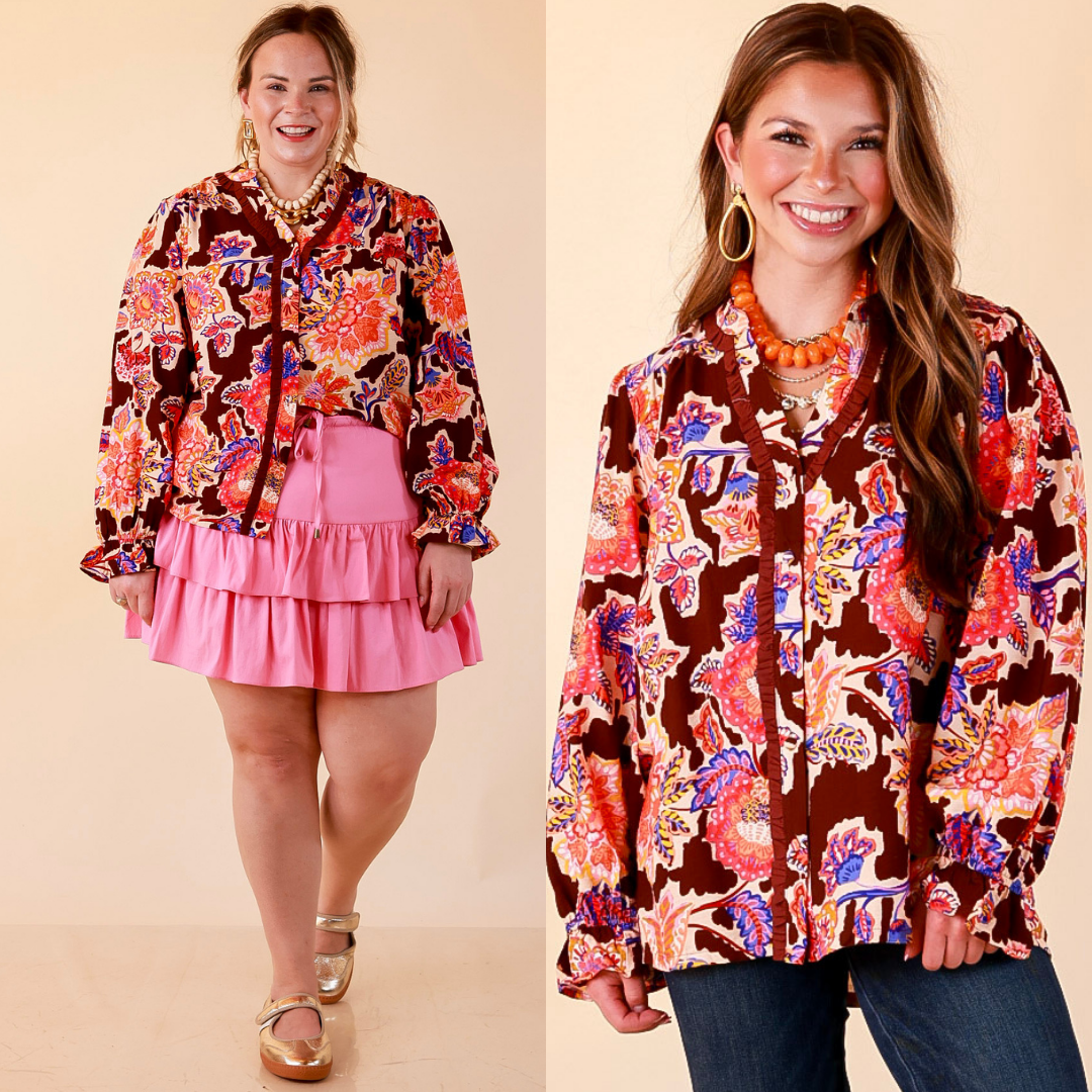 Petal Pop Floral Print Ruffle Front Button Up Long Sleeve Top with Balloon Sleeves in Coco Brown