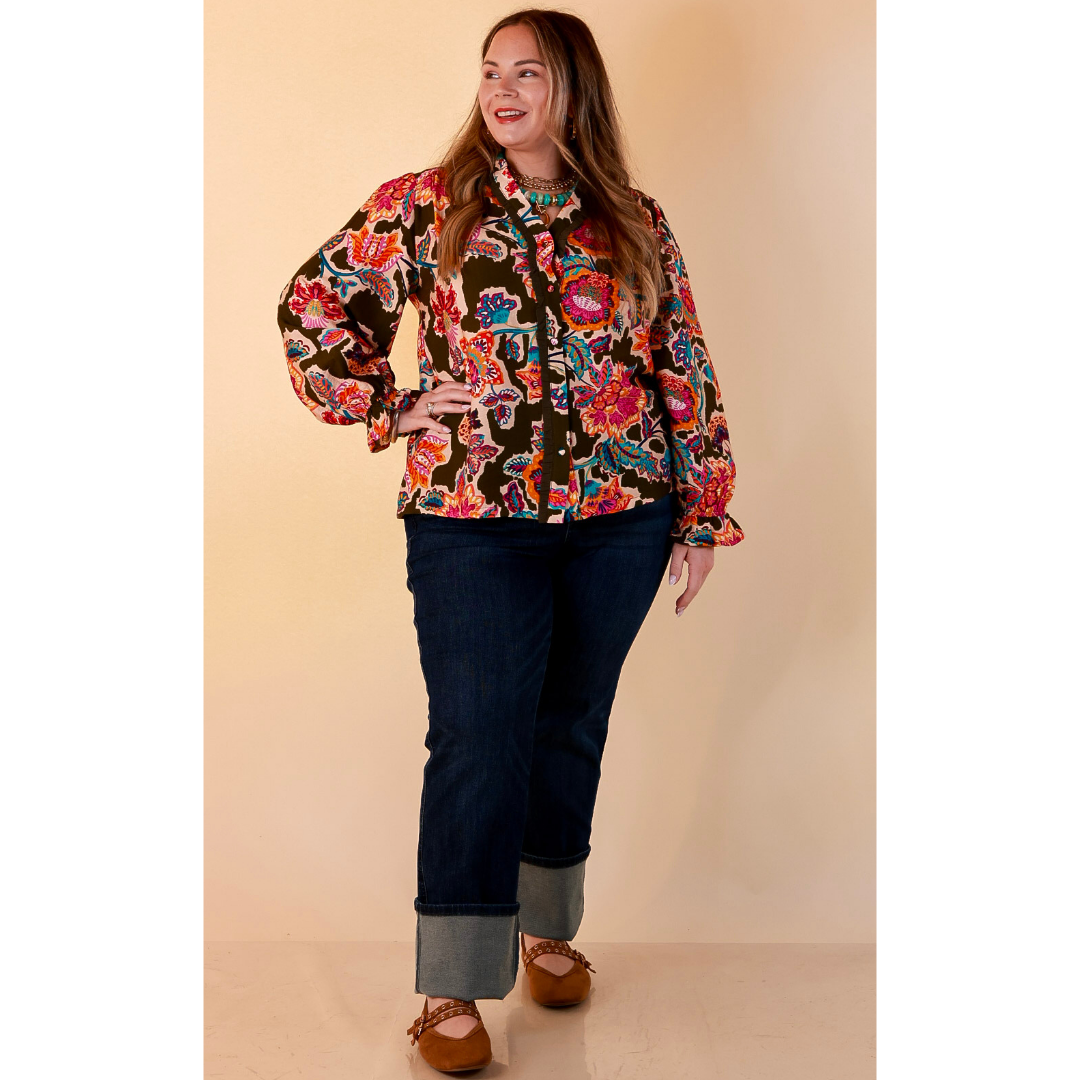 Petal Pop Floral Print Ruffle Front Button Up Long Sleeve Top with Balloon Sleeves in Olive Green