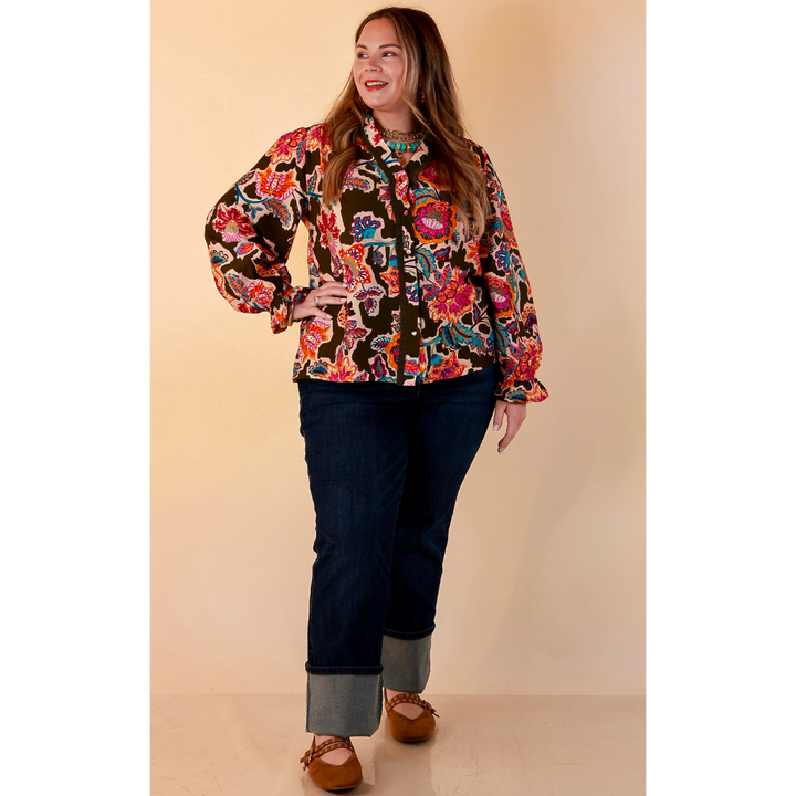 Petal Pop Floral Print Ruffle Front Button Up Long Sleeve Top with Balloon Sleeves in Olive Green