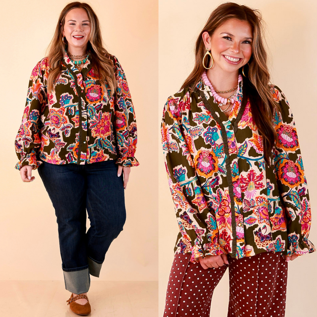 Petal Pop Floral Print Ruffle Front Button Up Long Sleeve Top with Balloon Sleeves in Olive Green