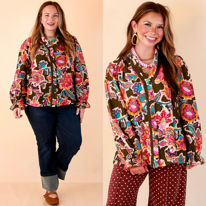 Petal Pop Floral Print Ruffle Front Button Up Long Sleeve Top with Balloon Sleeves in Olive Green