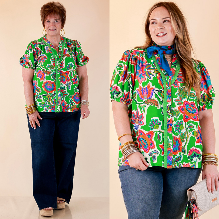 Petal Pop Floral Print Ruffle Front Button Up Top with Puff Sleeves in Green