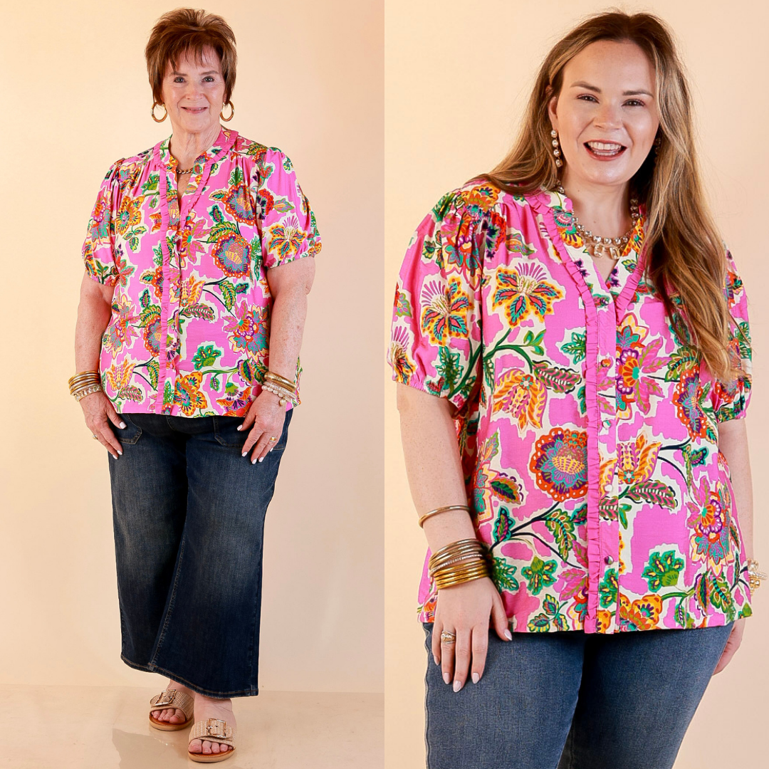 Models are wearing Floral Print Ruffle Front Button Up Top with Puff Sleeves in Pink with Jeans against a beige backdrop.