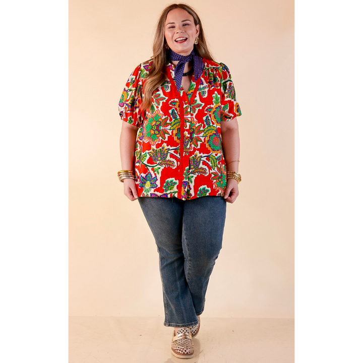 Petal Pop Floral Print Ruffle Front Button Up Top with Puff Sleeves in Red