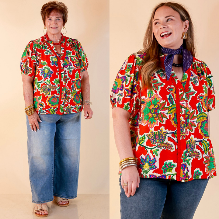Petal Pop Floral Print Ruffle Front Button Up Top with Puff Sleeves in Red