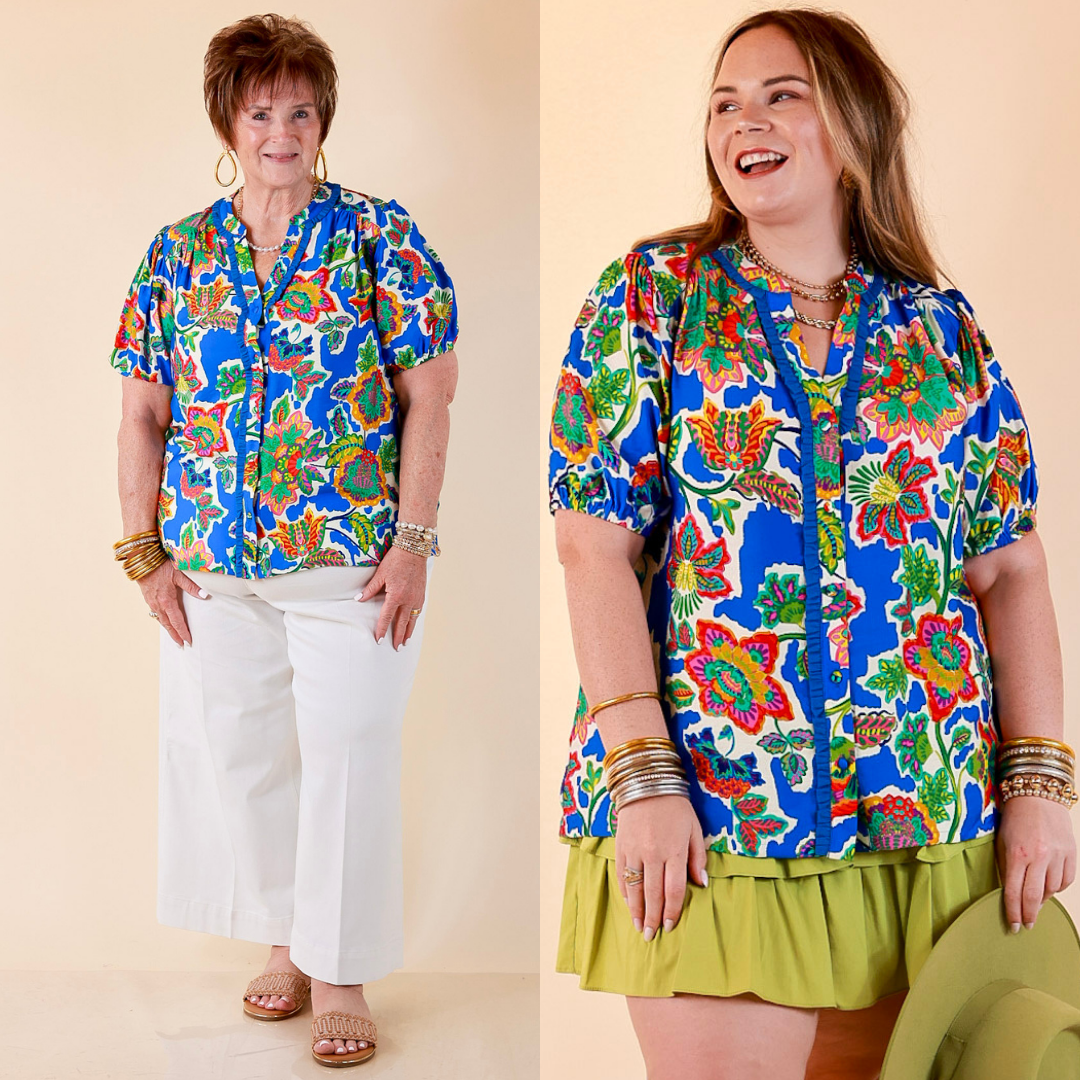 Petal Pop Floral Print Ruffle Front Button Up Top with Puff Sleeves in Royal Blue