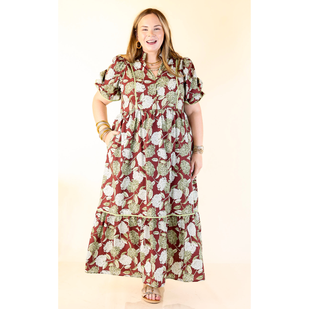 Petals & Poetry Hydrangea Floral Puff Sleeve Tiered Maxi Dress in Maroon