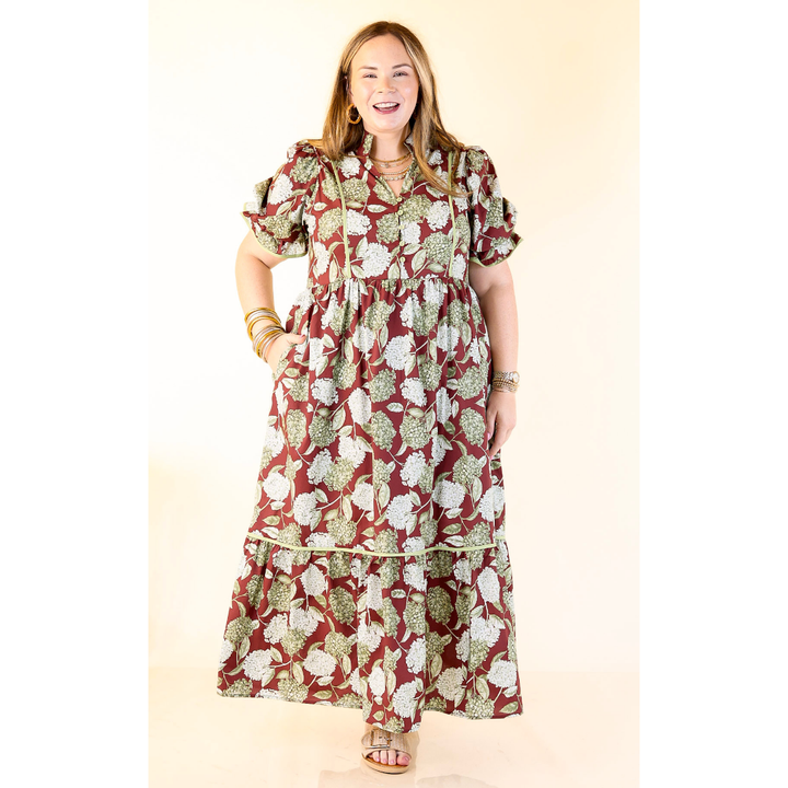 Petals & Poetry Hydrangea Floral Puff Sleeve Tiered Maxi Dress in Maroon