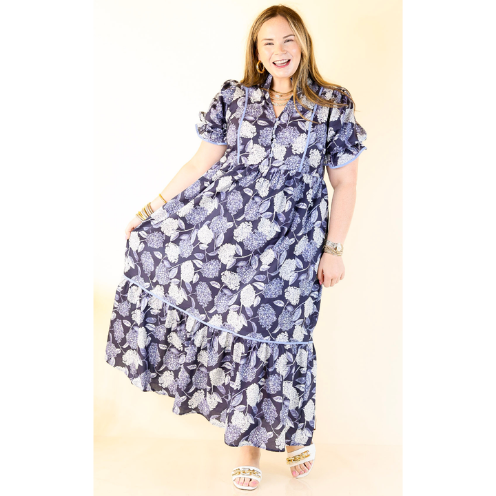 Petals & Poetry Hydrangea Floral Puff Sleeve Tiered Maxi Dress in Navy Blue