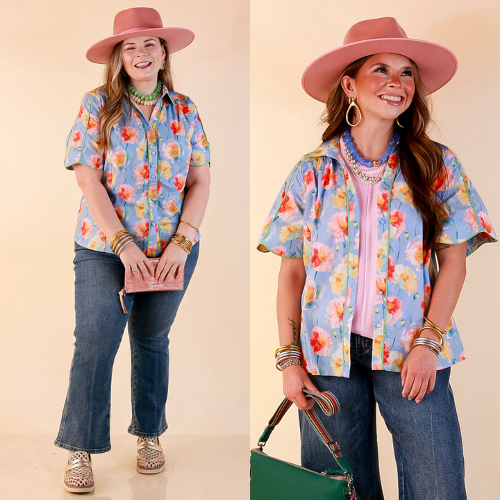 Petals and Plans Poppy Floral Print Button Up Collar Blouse in Dusty Blue