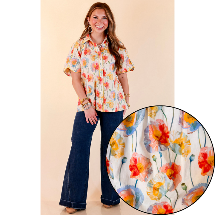 Petals and Plans Poppy Floral Print Button Up Collar Blouse in Cream
