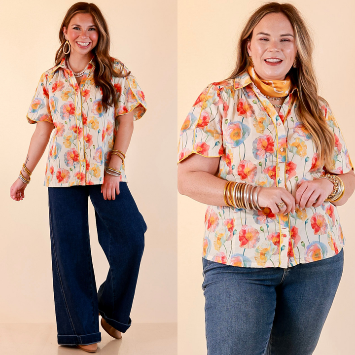 Petals and Plans Poppy Floral Print Button Up Collar Blouse in Cream