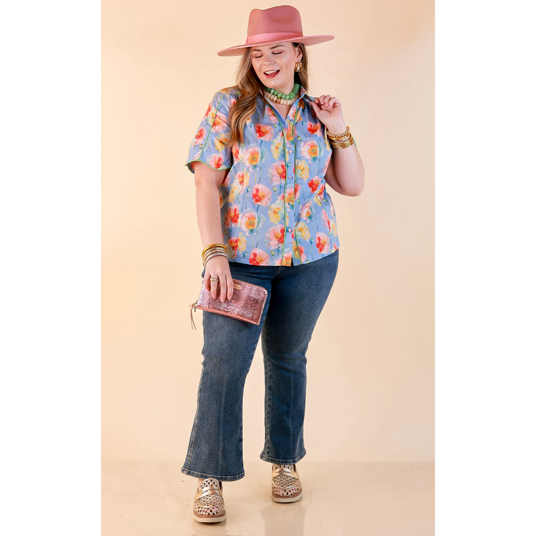 Petals and Plans Poppy Floral Print Button Up Collar Blouse in Dusty Blue
