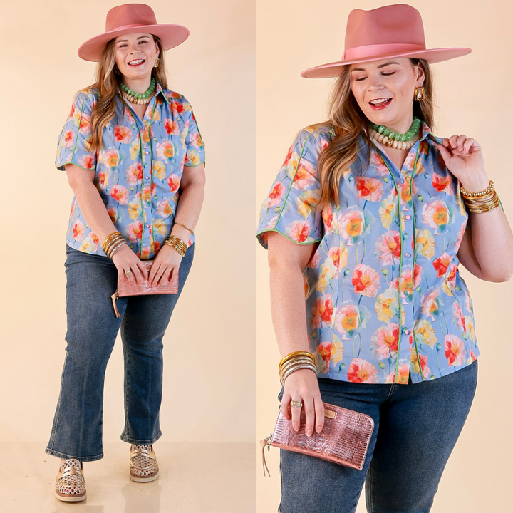 Petals and Plans Poppy Floral Print Button Up Collar Blouse in Dusty Blue