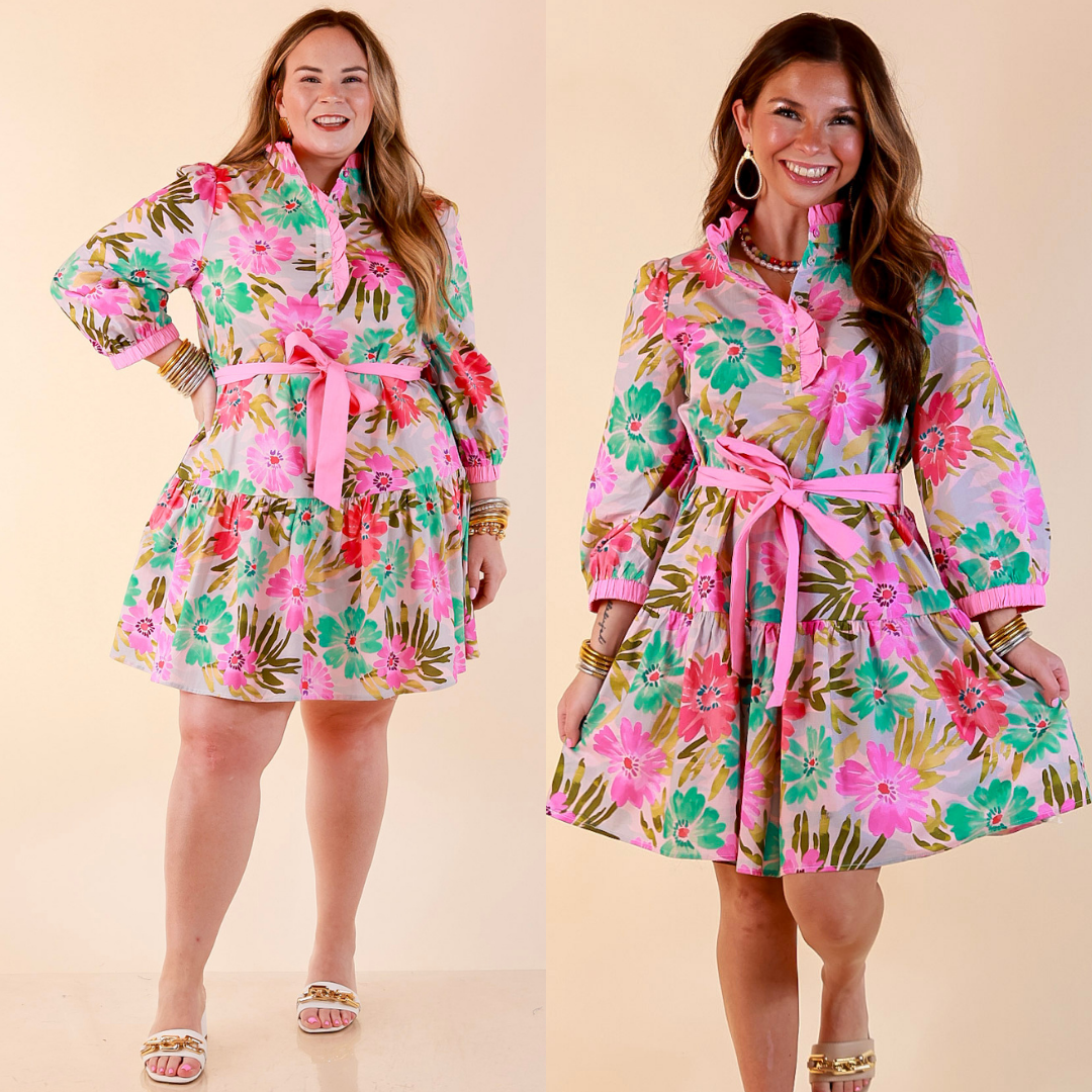 Petals and Promises Floral Print Ruffle Collar Tie Waist Tiered Dress in Pink and Mint
