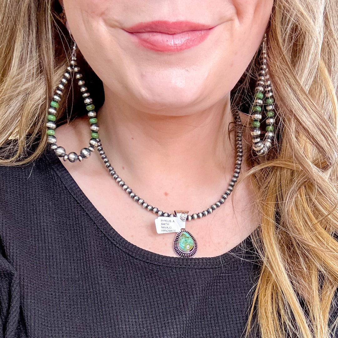 Phyllis A. Smith | Navajo Handmade Sterling Silver Teardrop Necklace Pendant in Kingman Turquoise