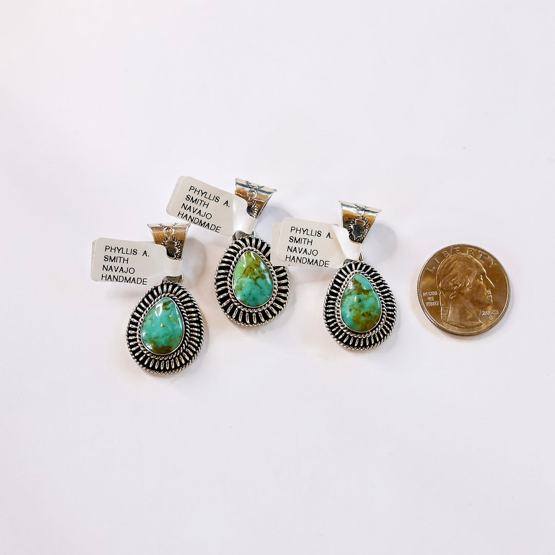 Phyllis A. Smith | Navajo Handmade Sterling Silver Teardrop Necklace Pendant in Kingman Turquoise