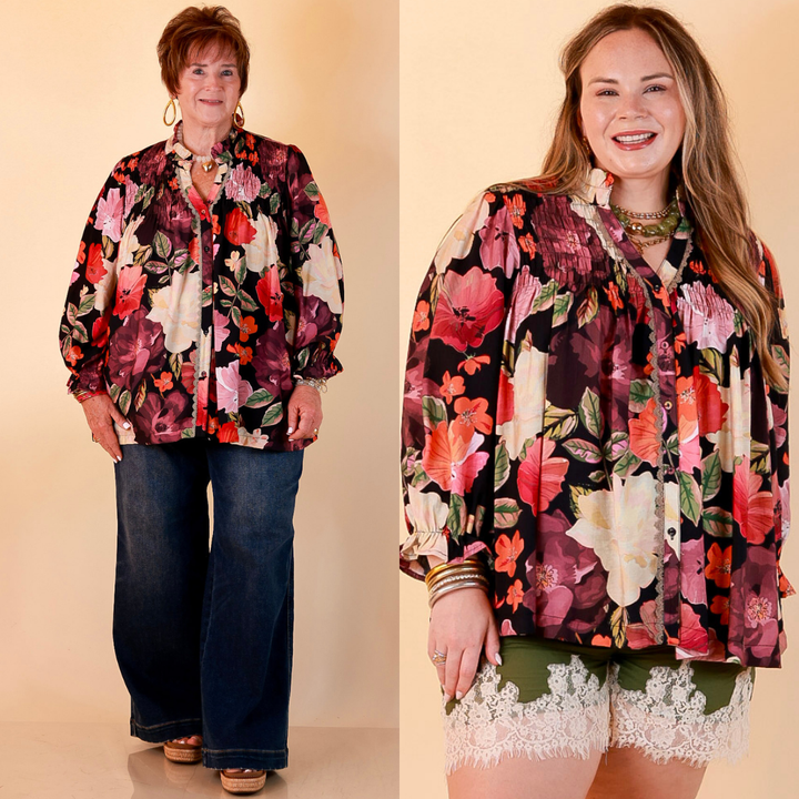 Pick of the Bunch Smocked Shoulder Button Front Floral Print Blouse in Black Multi