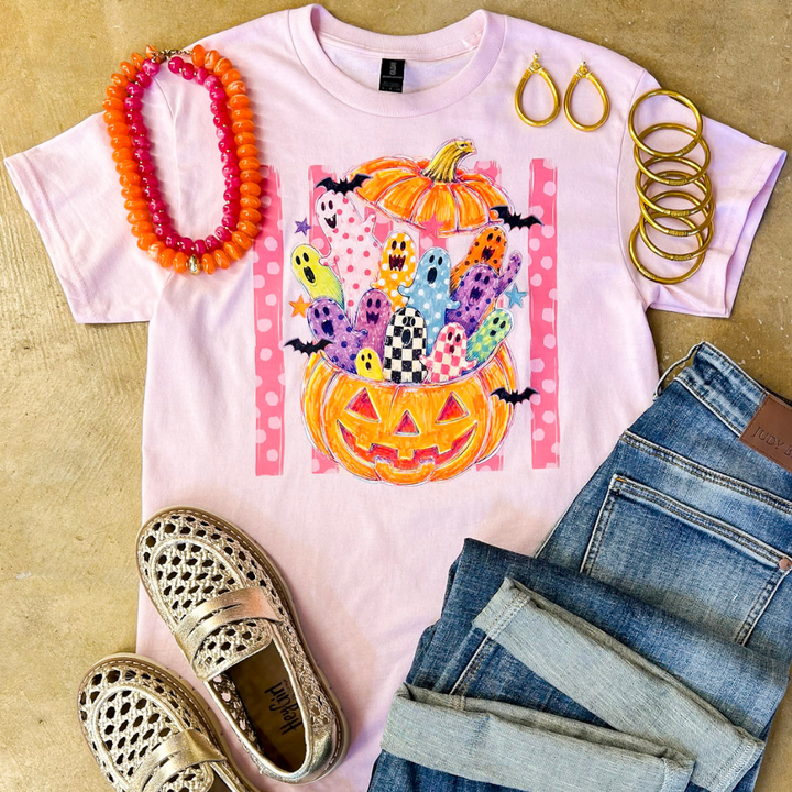 Pick of the Patch Colorful Ghost &amp; Jack-O’-Lantern Halloween Graphic Tee in Light Pink