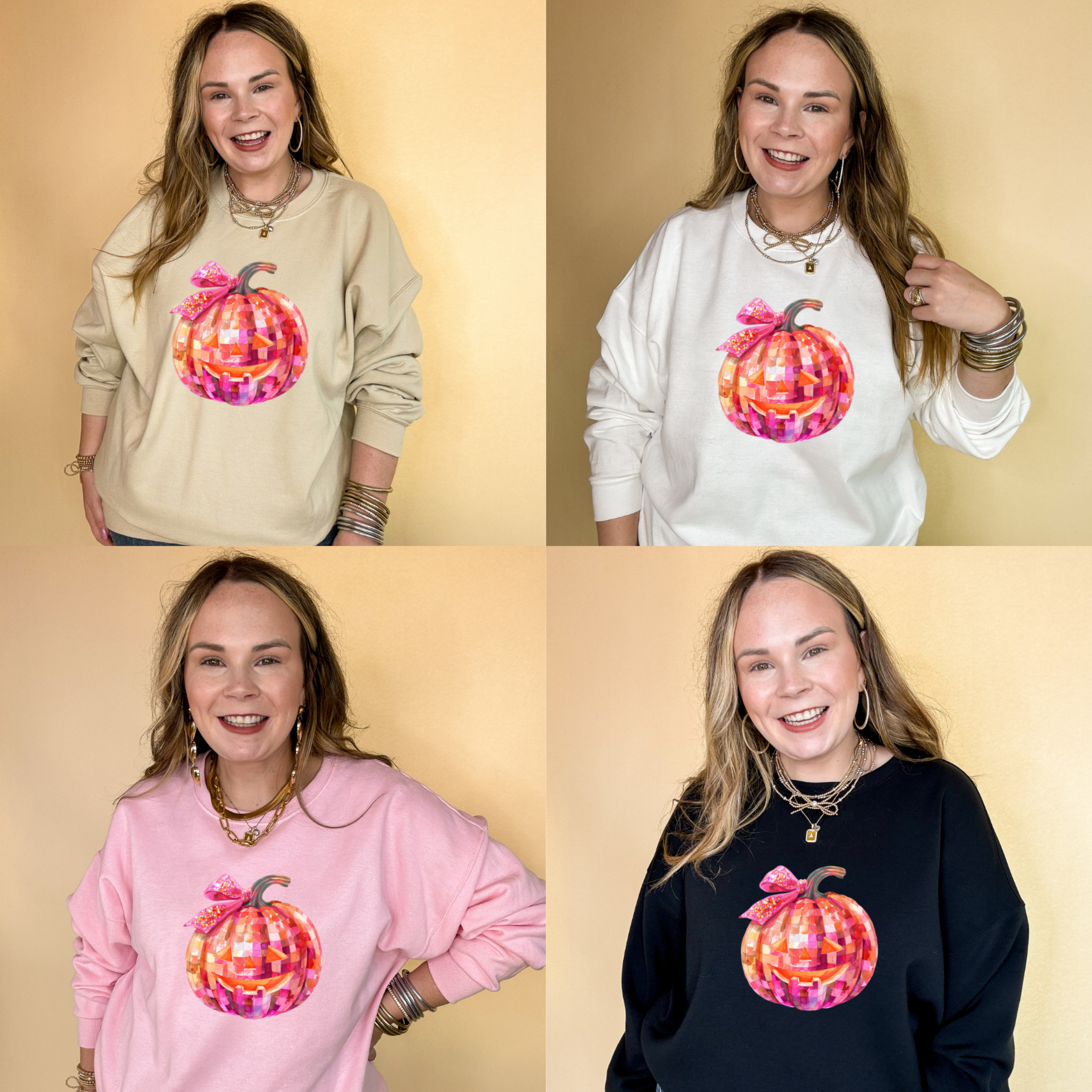 Online Exclusive |  Pink Party Pumpkin with Jack-O-Lantern Face and Half Bow Graphic Sweatshirt in Multiple Color Options