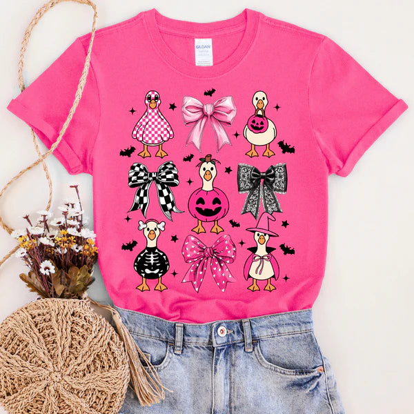 Pink t-shirt with Halloween-themed designs on a white background