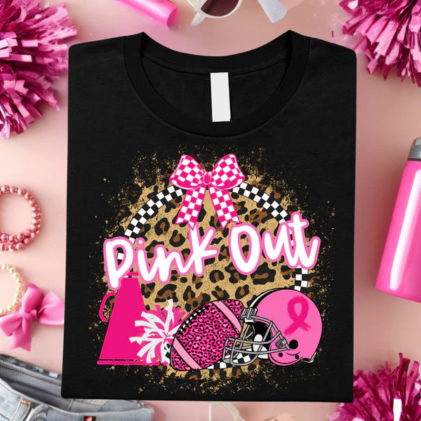 Black t-shirt with pink and leopard print design on a pink background