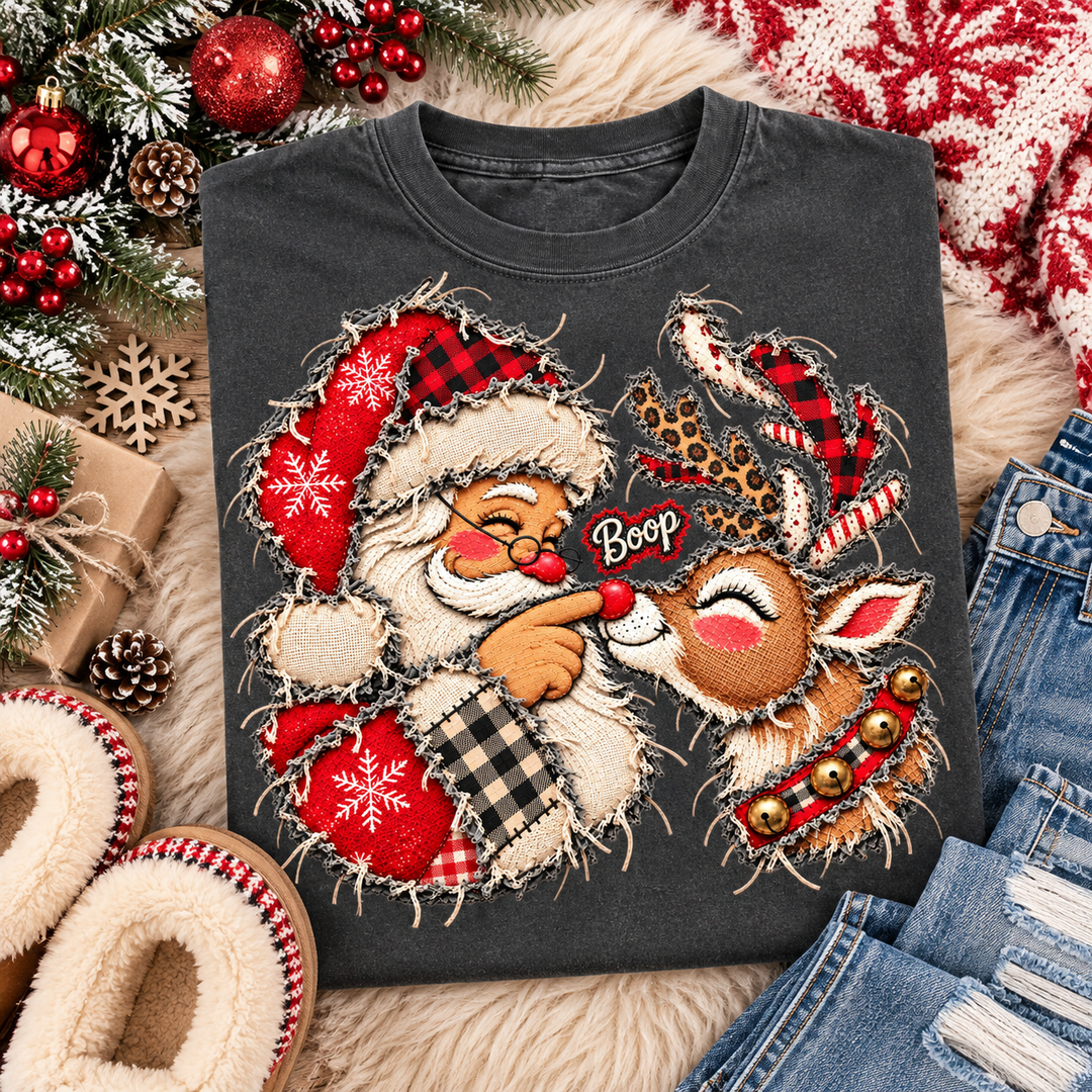 Plaid Santa Boop Christmas graphic tee or sweatshirt on pepper black with Santa in a red plaid hat booping Rudolph on the nose