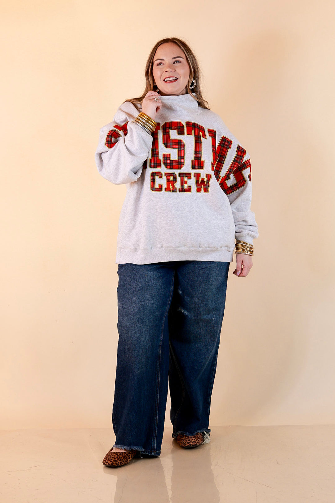 Plaid Tidings Christmas Crew Sweatshirt in Heather Gray