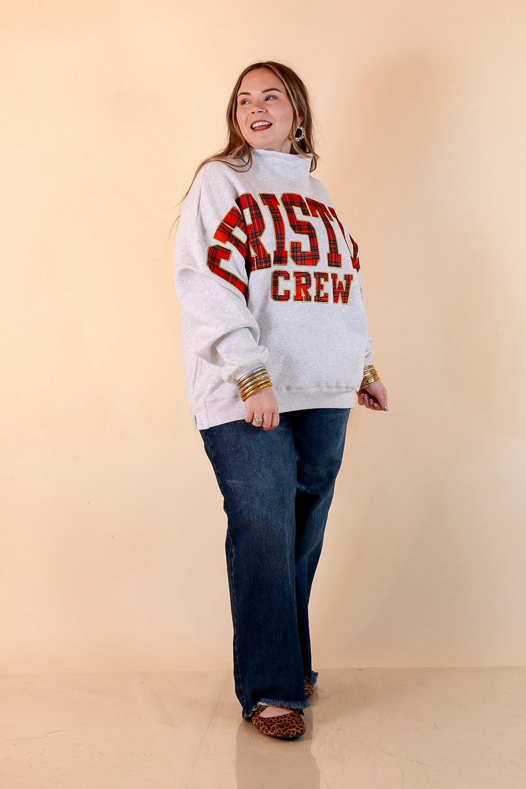 Plaid Tidings Christmas Crew Sweatshirt in Heather Gray