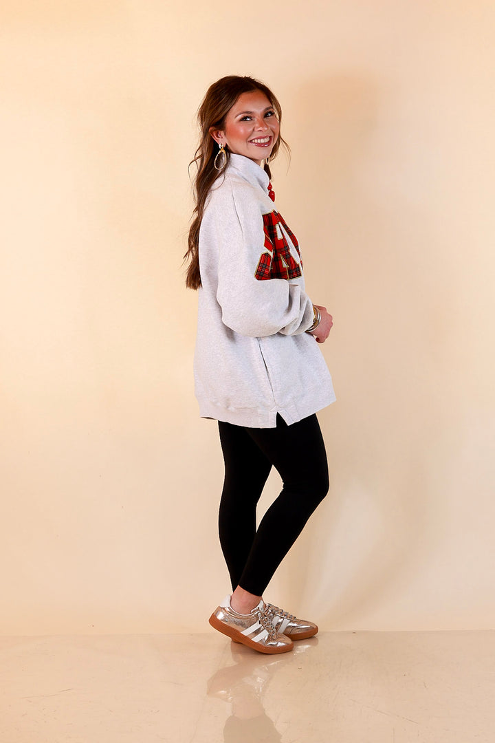 Plaid Tidings Christmas Crew Sweatshirt in Heather Gray