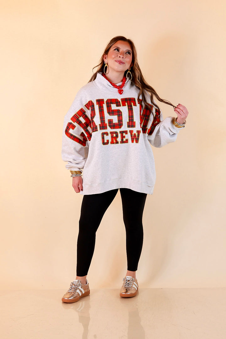 Plaid Tidings Christmas Crew Sweatshirt in Heather Gray