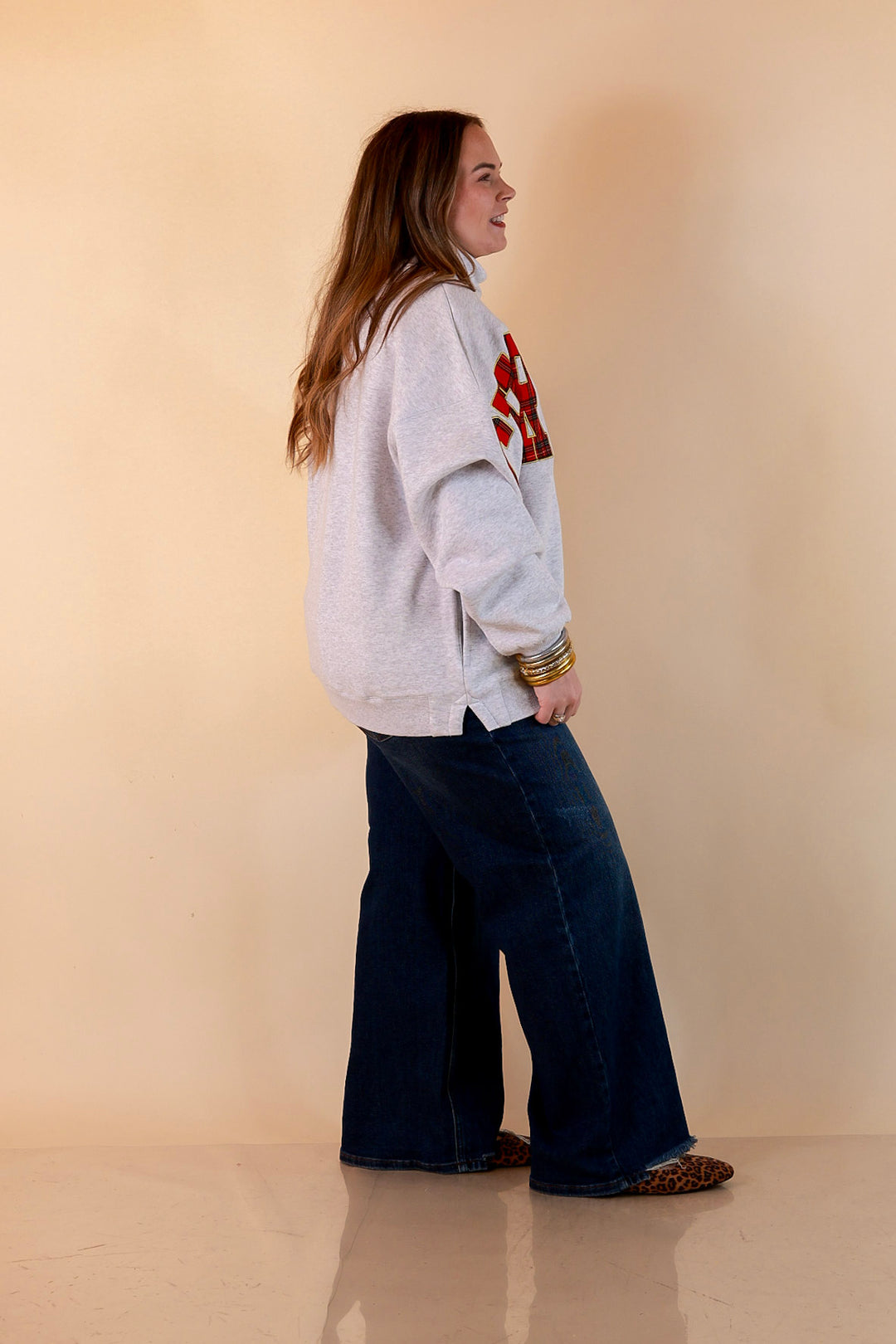 Plaid Tidings Christmas Crew Sweatshirt in Heather Gray