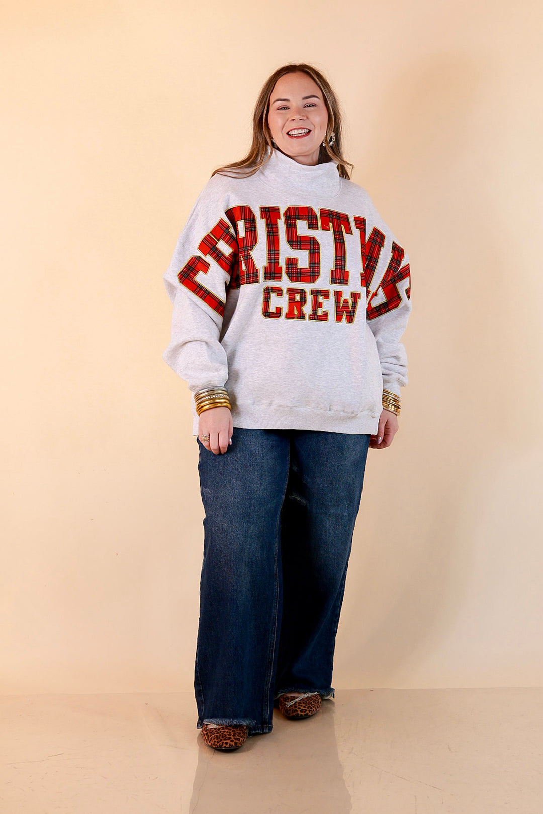 Plaid Tidings Christmas Crew Sweatshirt in Heather Gray