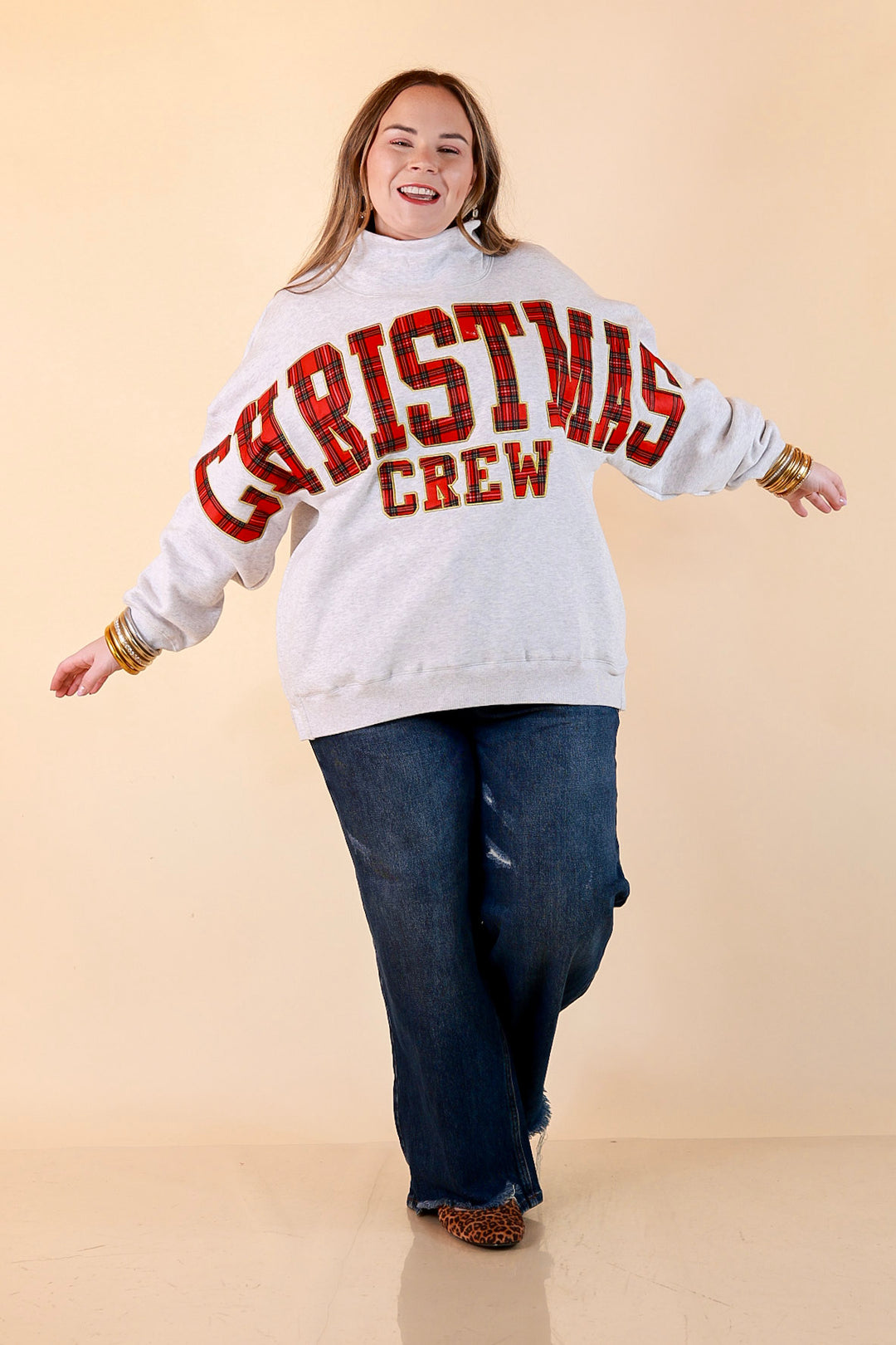 Plaid Tidings Christmas Crew Sweatshirt in Heather Gray
