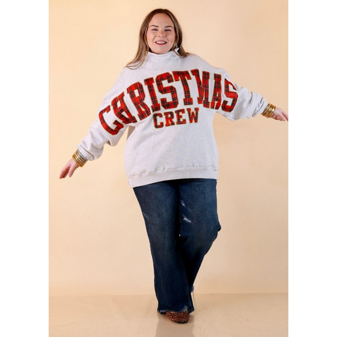 Plaid Tidings Christmas crew plaid lettering mock neck sweatshirt in heather gray