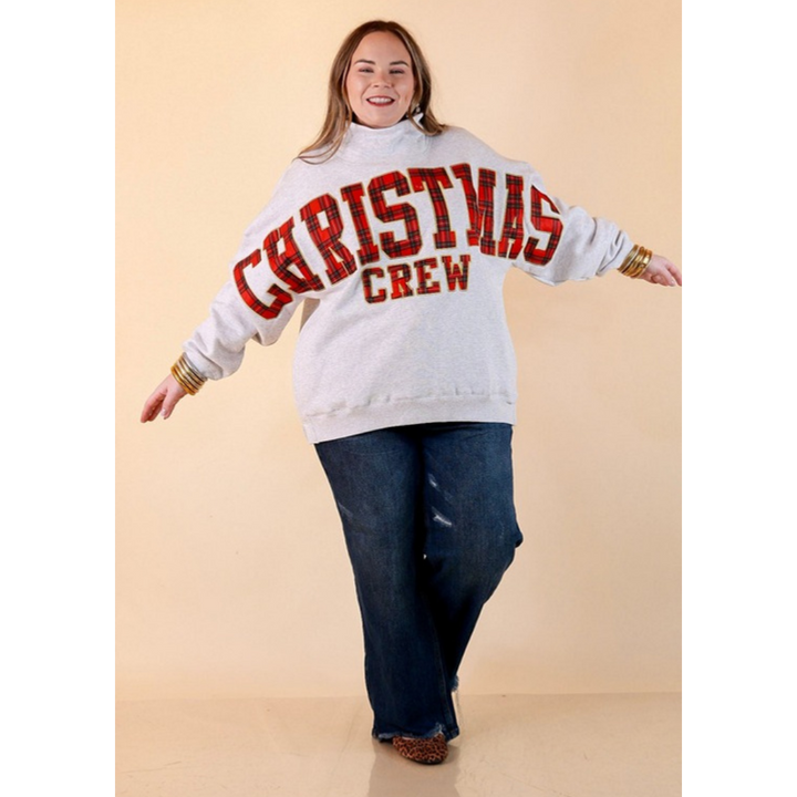 Plaid Tidings Christmas crew plaid lettering mock neck sweatshirt in heather gray