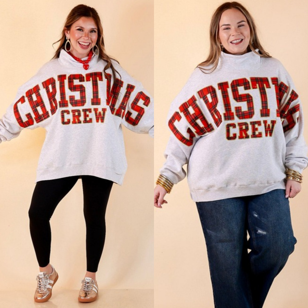 Plaid Tidings Christmas crew plaid lettering mock neck sweatshirt in heather gray