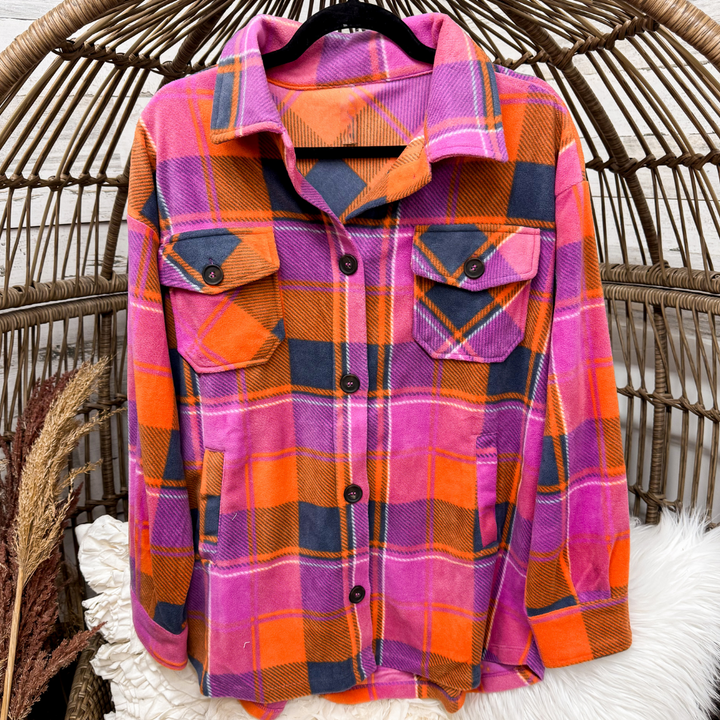 Plaid Button Up Fleece Shacket with Pockets in Pink, Orange and Navy