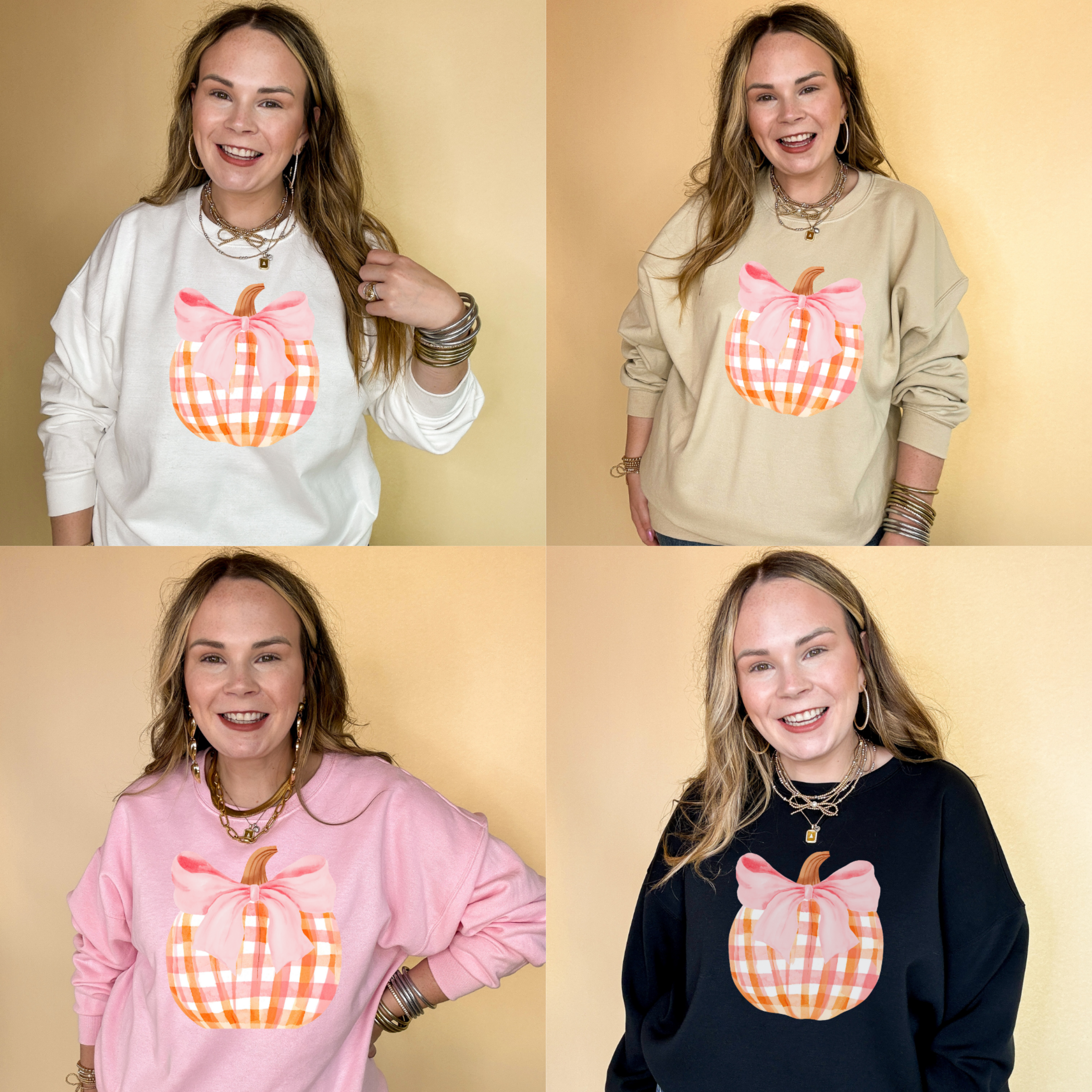 Online Exclusive | Charming Orange and White Plaid Pumpkin with Pink Bow Graphic Sweatshirt in Multiple Color Options