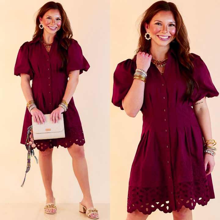 Plans to Impress Button Up Collared Eyelet Lace Trim Dress with Puff Sleeves in Maroon