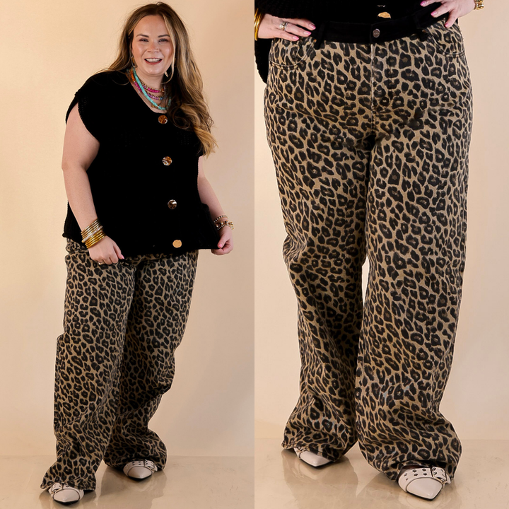 Model is wearing Straight Wide Leg Jean in Cheetah Print with a black top on a beige background