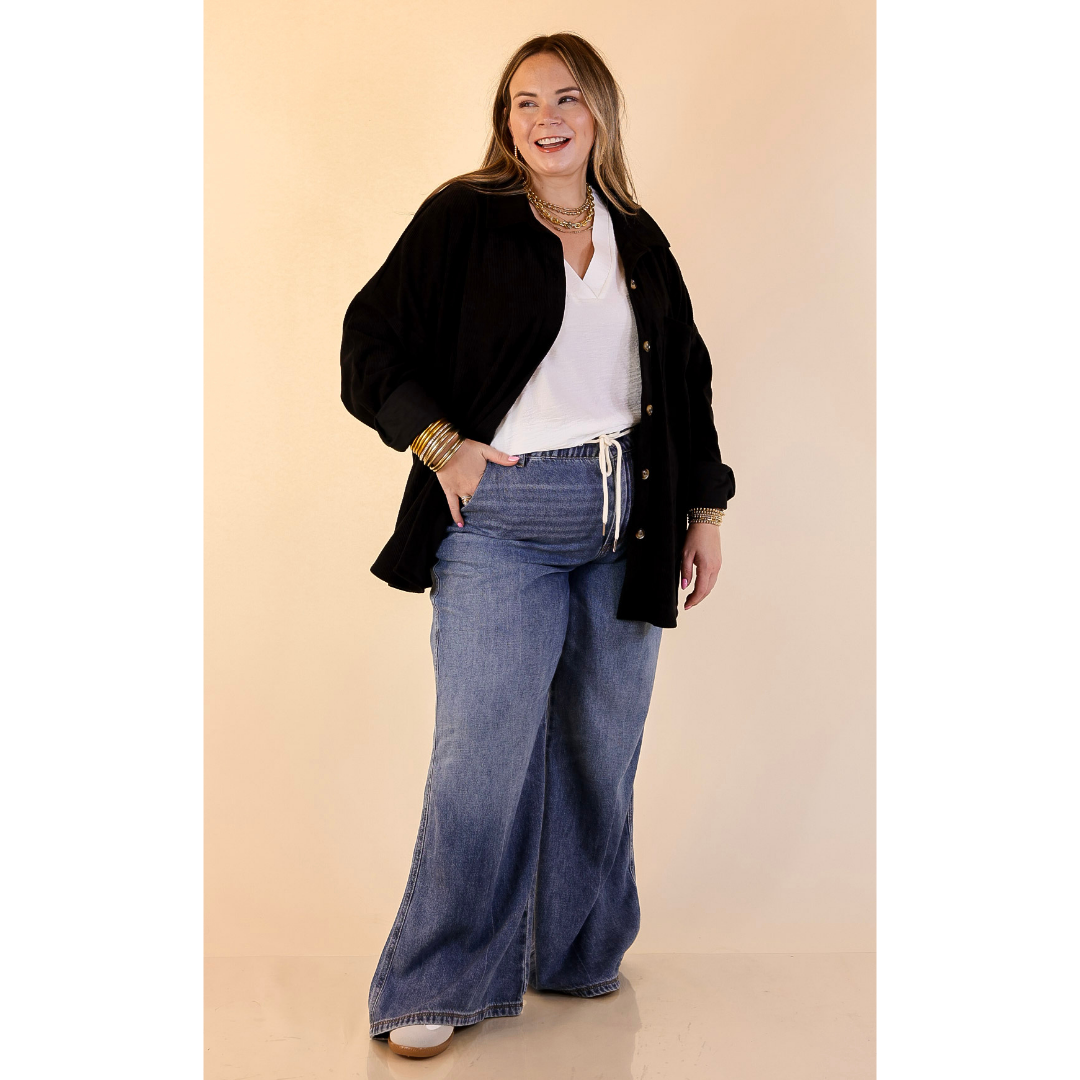 Plus Sizes | Captivating Cuteness Corduroy Button Up Shacket in Black