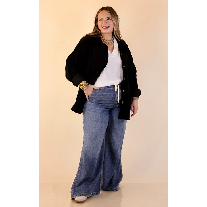 Plus Sizes | Captivating Cuteness Corduroy Button Up Shacket in Black