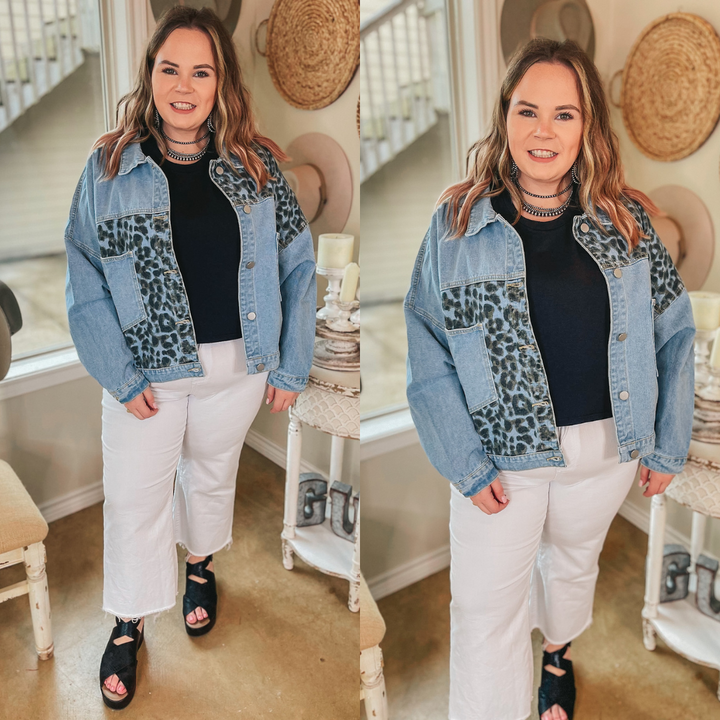 Plus Sizes | Downtown Dallas Large Pocket Leopard Mix Denim Jacket in Light Wash