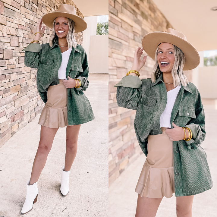 Latte Sips Button Up Corduroy Shacket in Olive Green